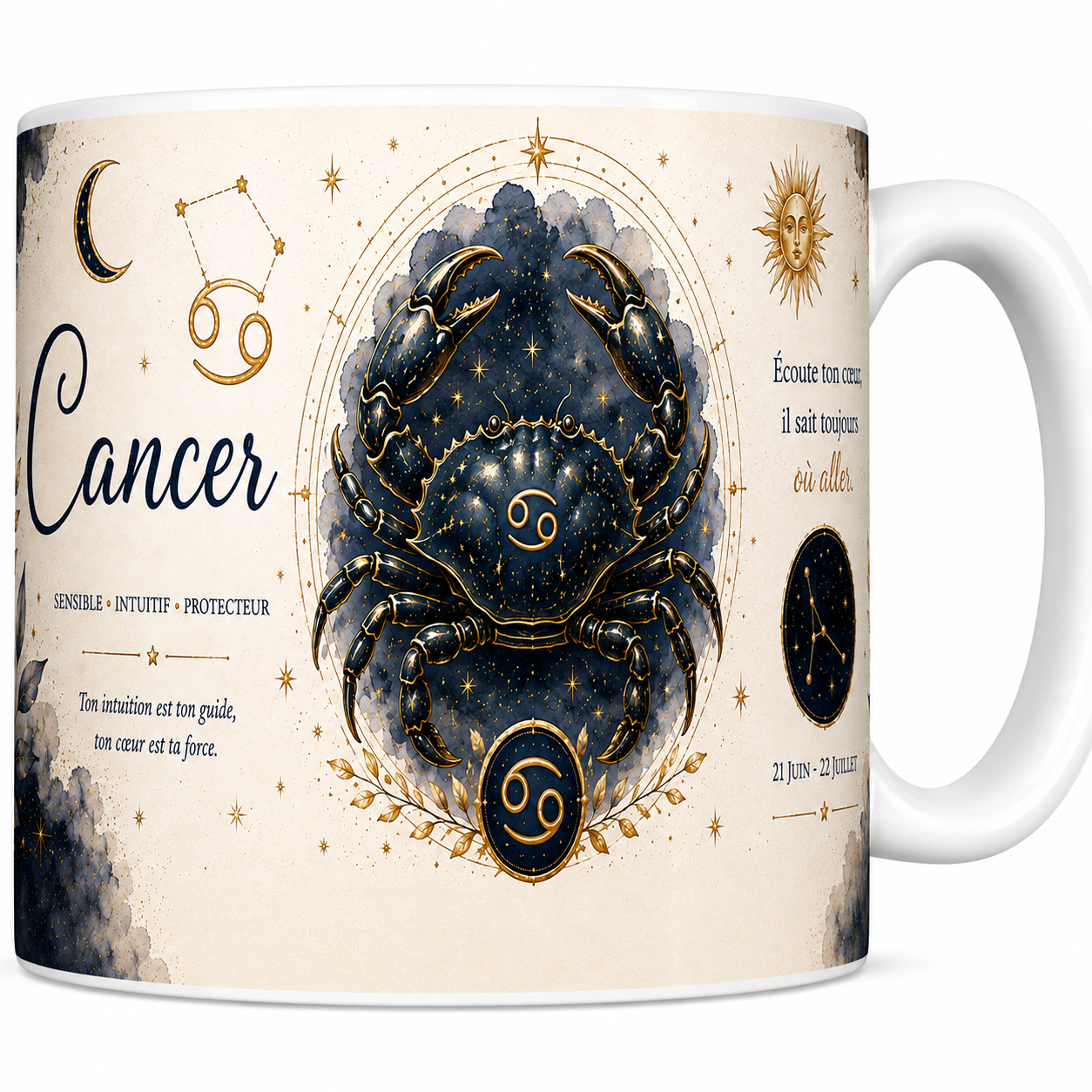 Mug céramique blanc, illustration aquarelle du signe du Cancer, crabe doré et constellation sur fond bleu nuit