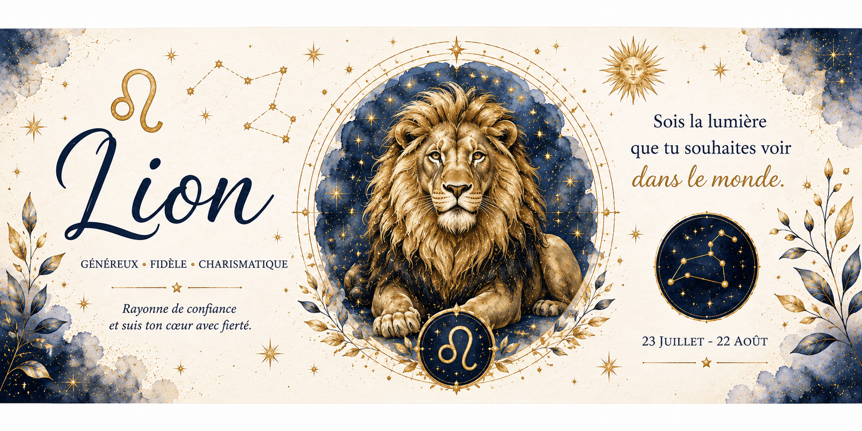 Design imprimé du mug Lion, illustration aquarelle du signe de feu, symbole astrologique doré et constellation