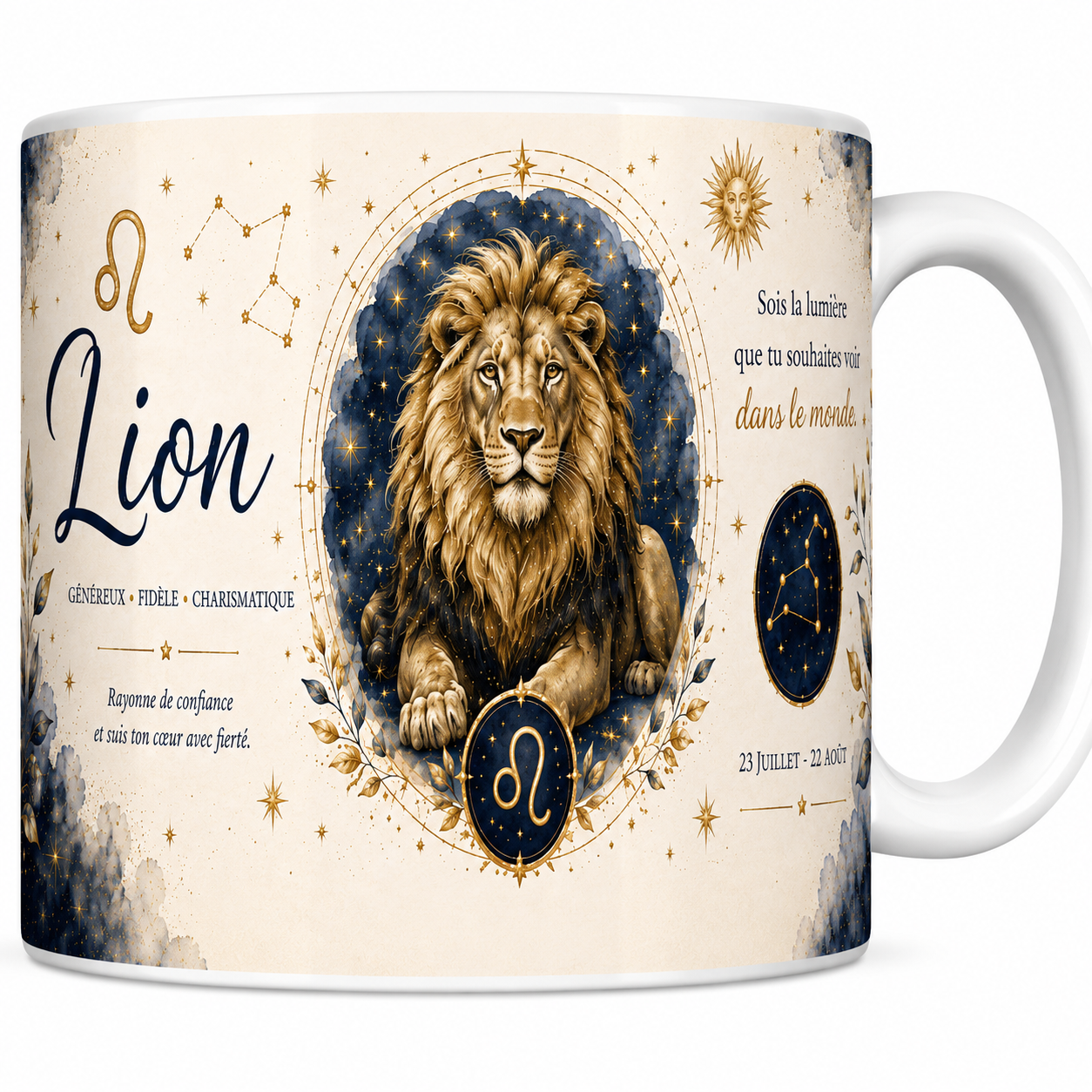 Mug céramique blanc, illustration aquarelle du signe du Lion, lion doré et constellation sur fond bleu nuit