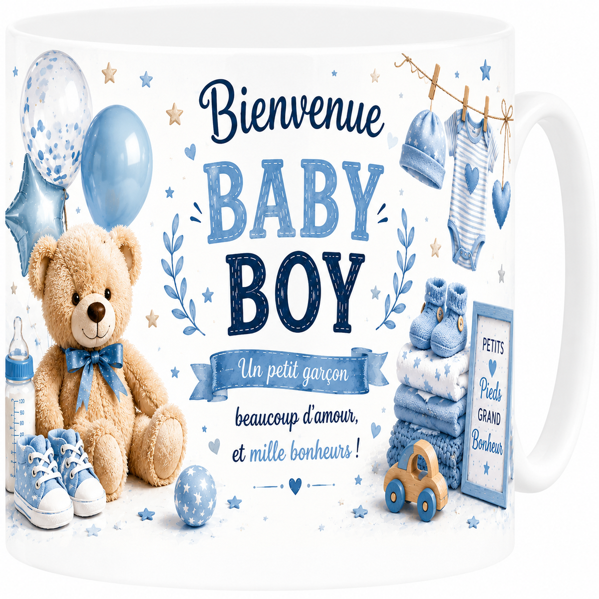 Mug céramique blanc, naissance baby boy, bienvenue petit prince, bleu