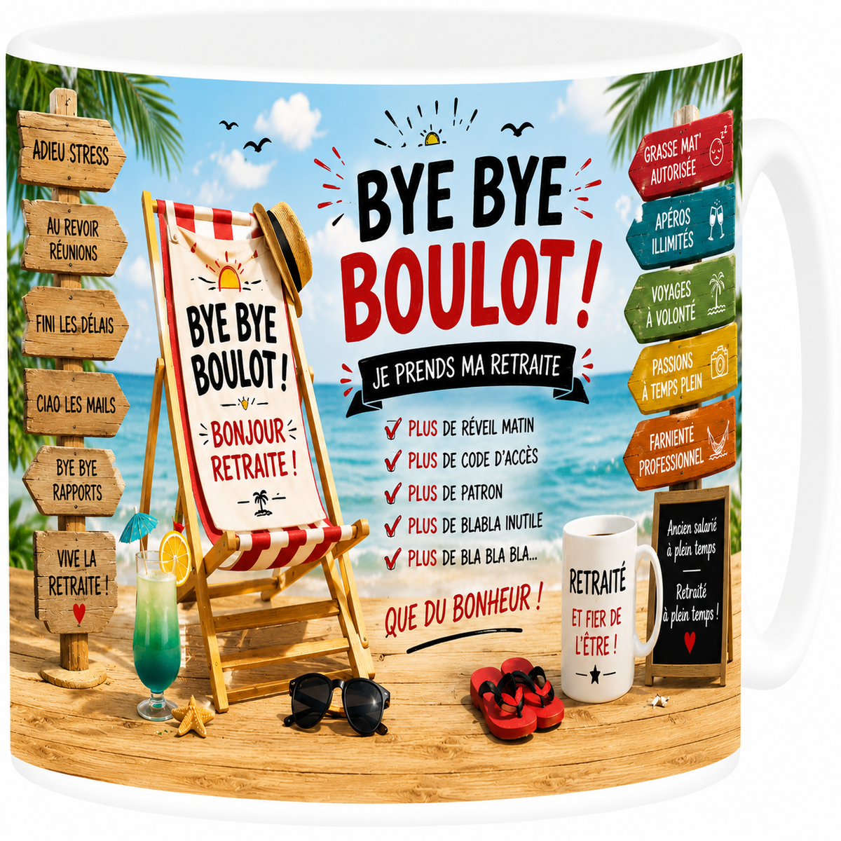 Mug céramique blanc, départ à la retraite, liberté bien méritée