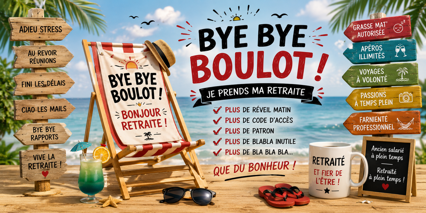 Design imprimé du mug Bye Bye Boulot, départ à la retraite, liberté bien méritée