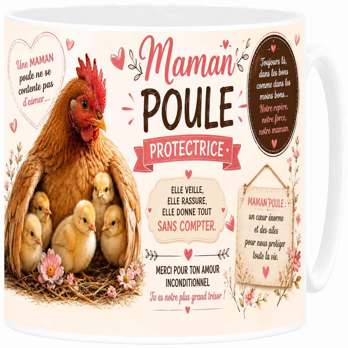 Mug céramique blanc, maman poule, tendresse et protection
