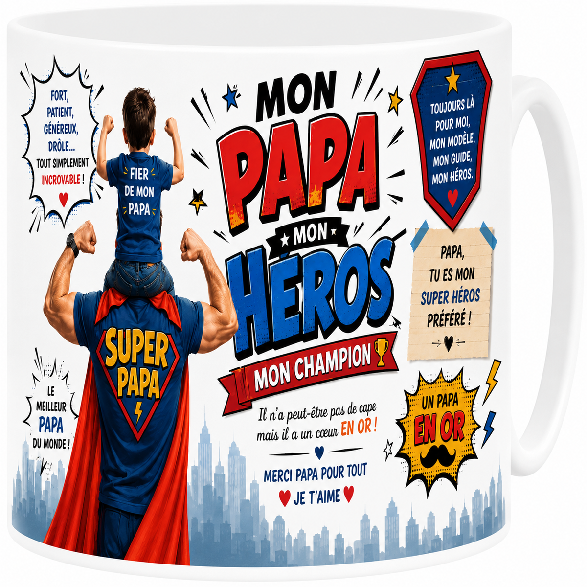 Mug céramique blanc, super héros papa, papa champion
