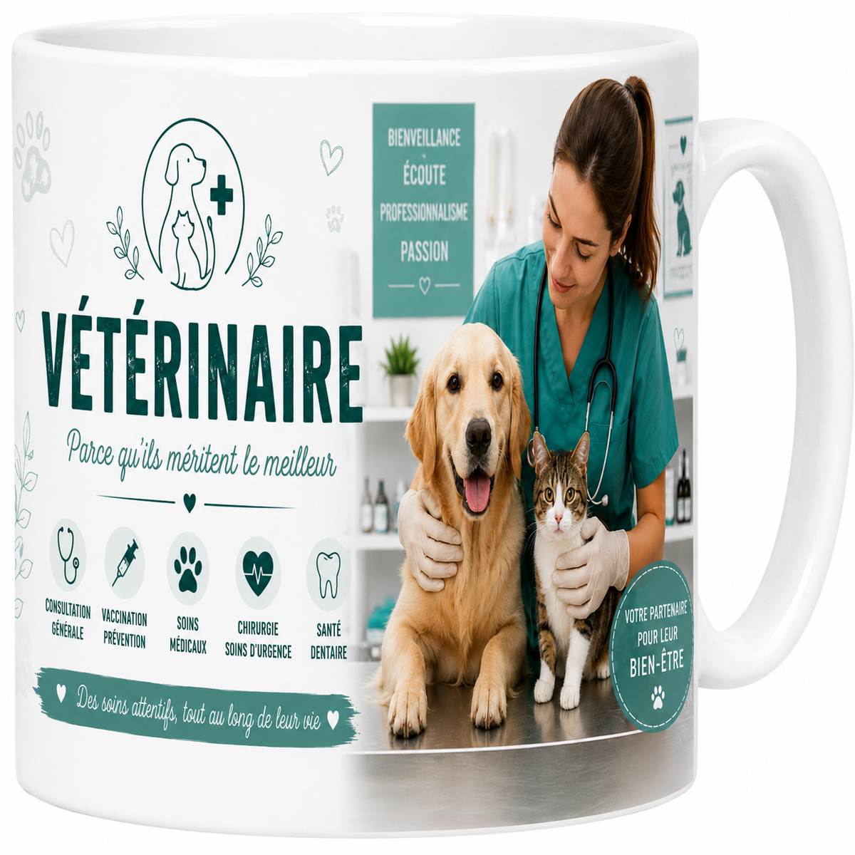 Mug céramique blanc, vétérinaire, soigner les animaux, citation vocation