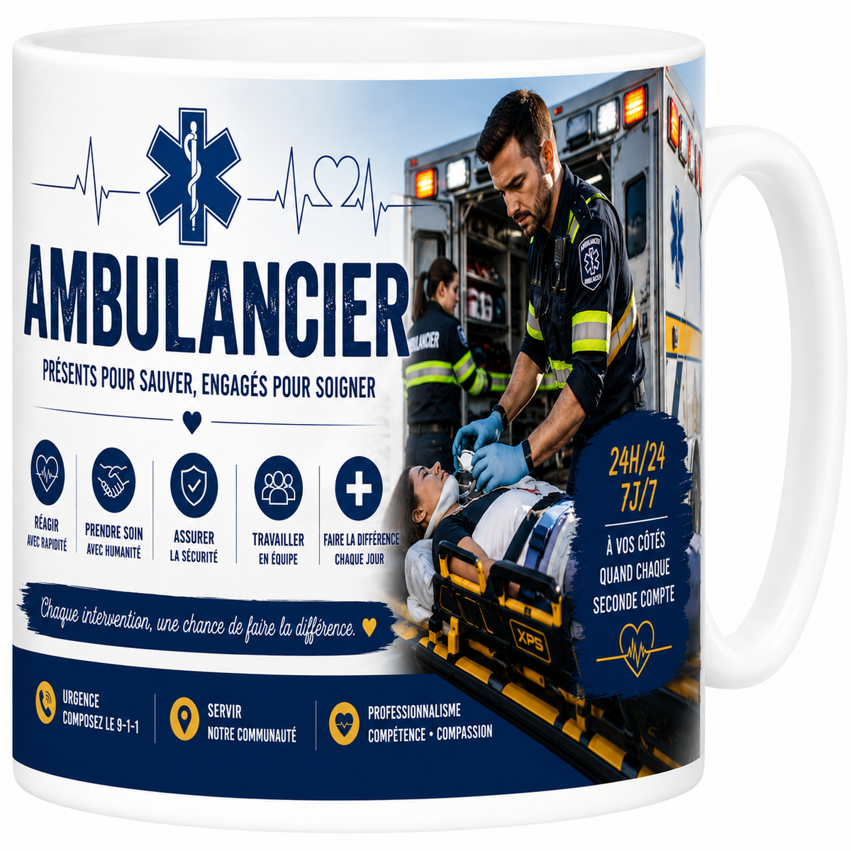 Mug céramique blanc, ambulancier, urgence et secours, chaque seconde compte