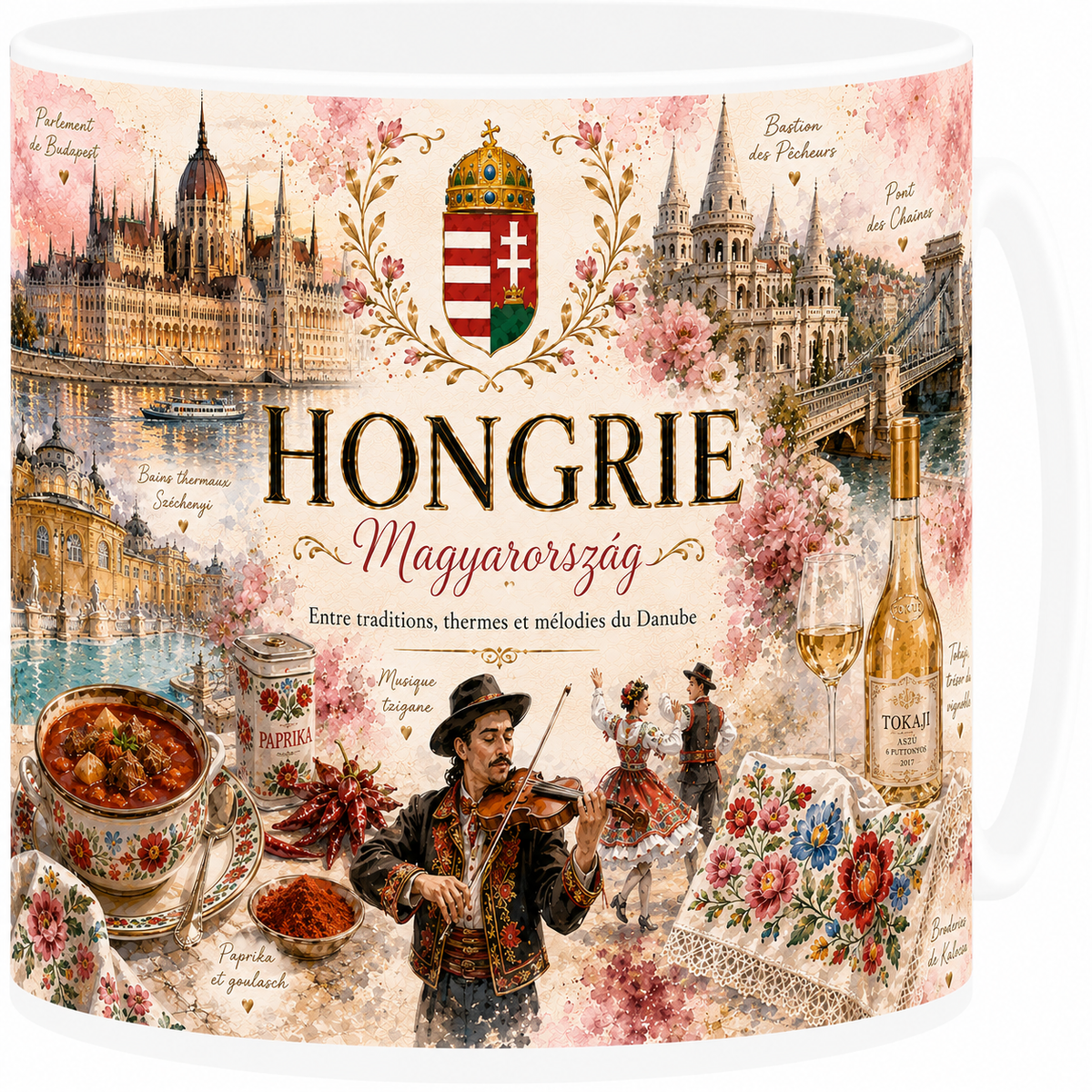 Mug céramique blanc, illustration aquarelle de la Hongrie, Budapest et le Danube