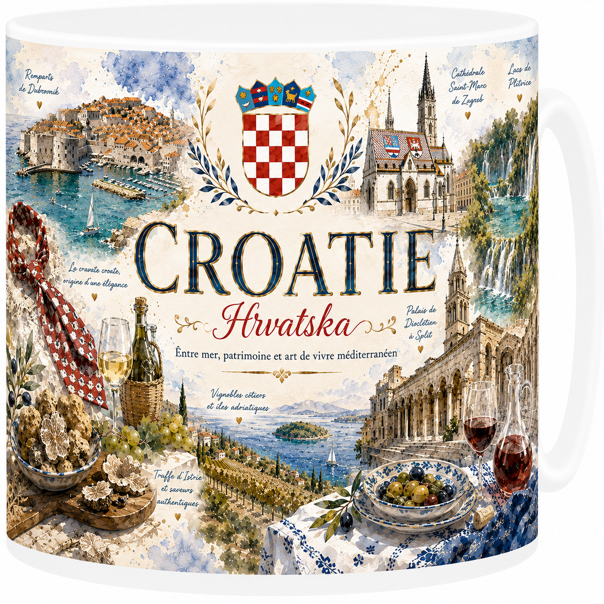 Mug céramique blanc, illustration aquarelle de la Croatie, Dubrovnik et côte adriatique