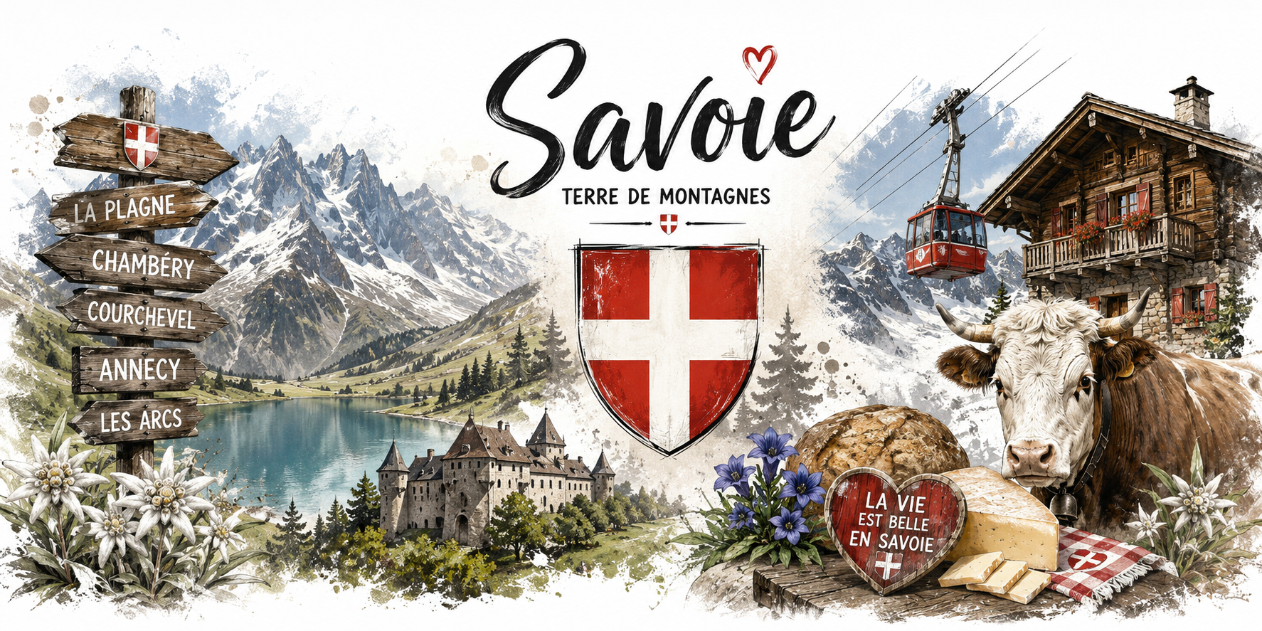 Design imprimé du mug Savoie, illustration aquarelle du mont Blanc, du lac d'Annecy, du beaufort et de la croix de Savoie