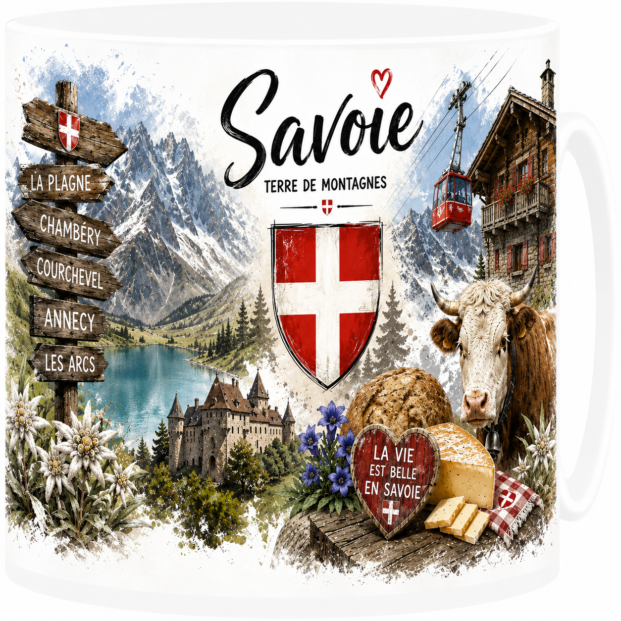 Mug céramique blanc, illustration aquarelle de la Savoie, mont Blanc et chalet d'alpage