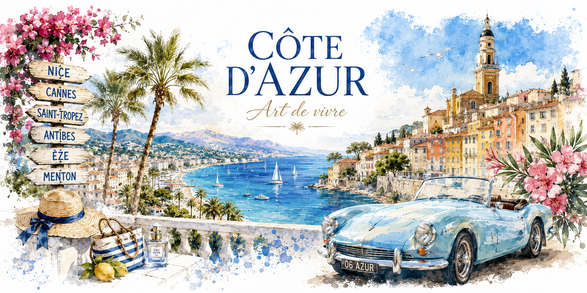 Design imprimé du mug Côte d'Azur, illustration aquarelle de Nice, Cannes, Menton, des palmiers et de la mer turquoise