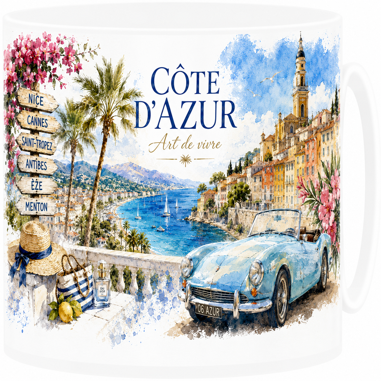 Mug céramique blanc, illustration aquarelle de la Côte d'Azur, baie et palmiers