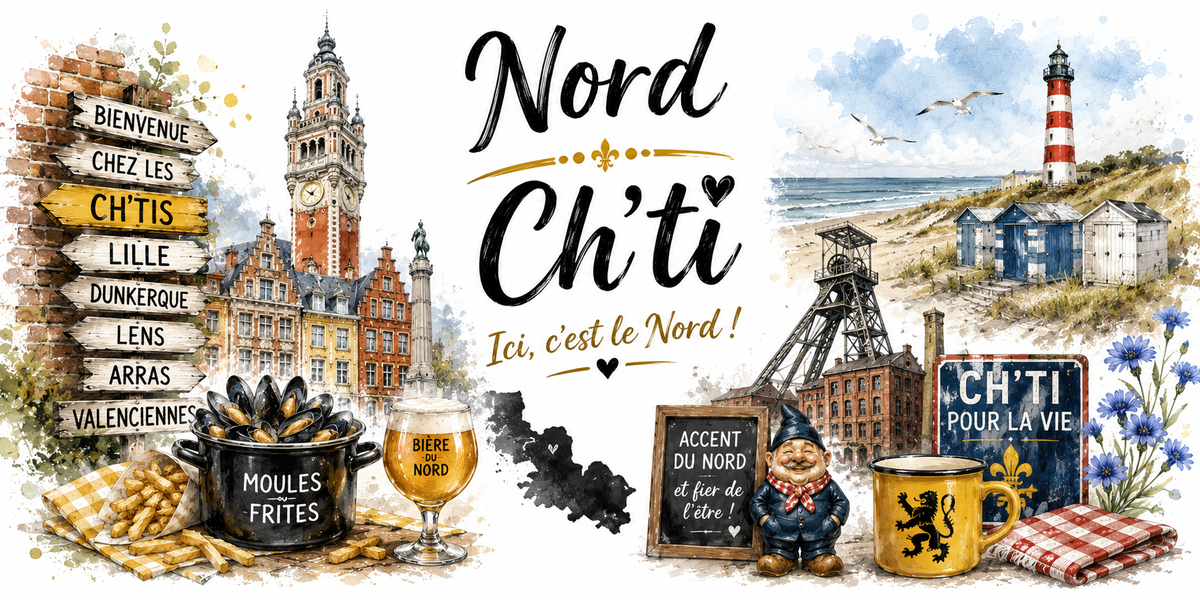 Visuel Nord Ch'ti : beffroi de Lille, moules-frites, chevalement minier et phare
