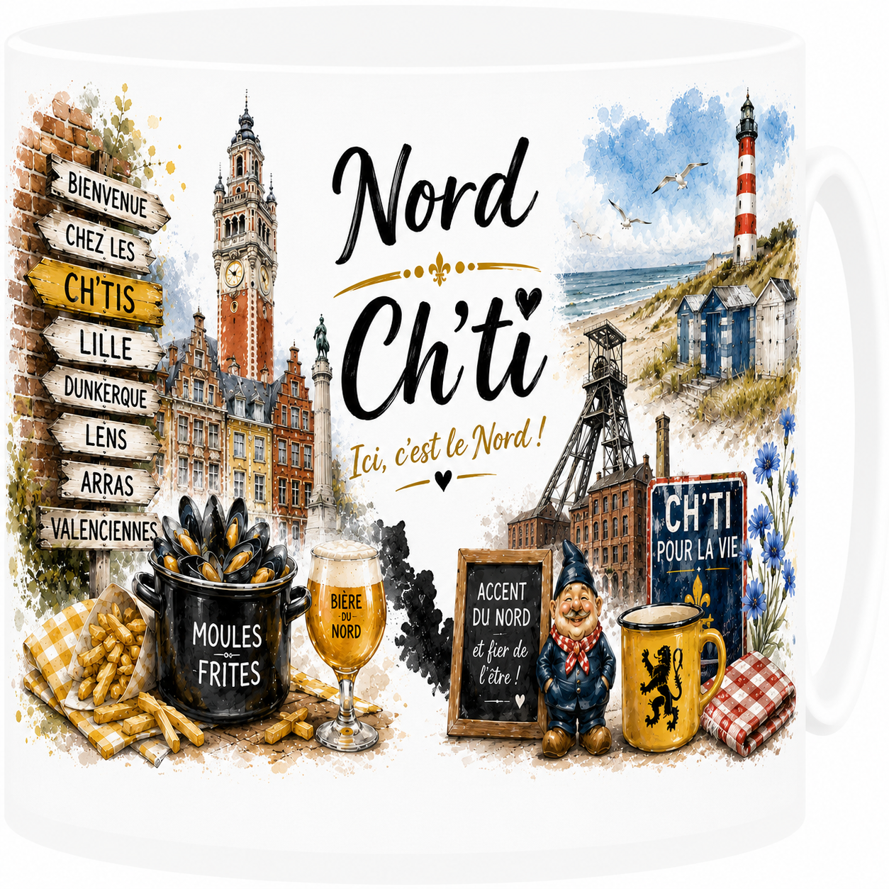 Mug céramique blanc, illustration aquarelle du Nord, beffroi et briques rouges