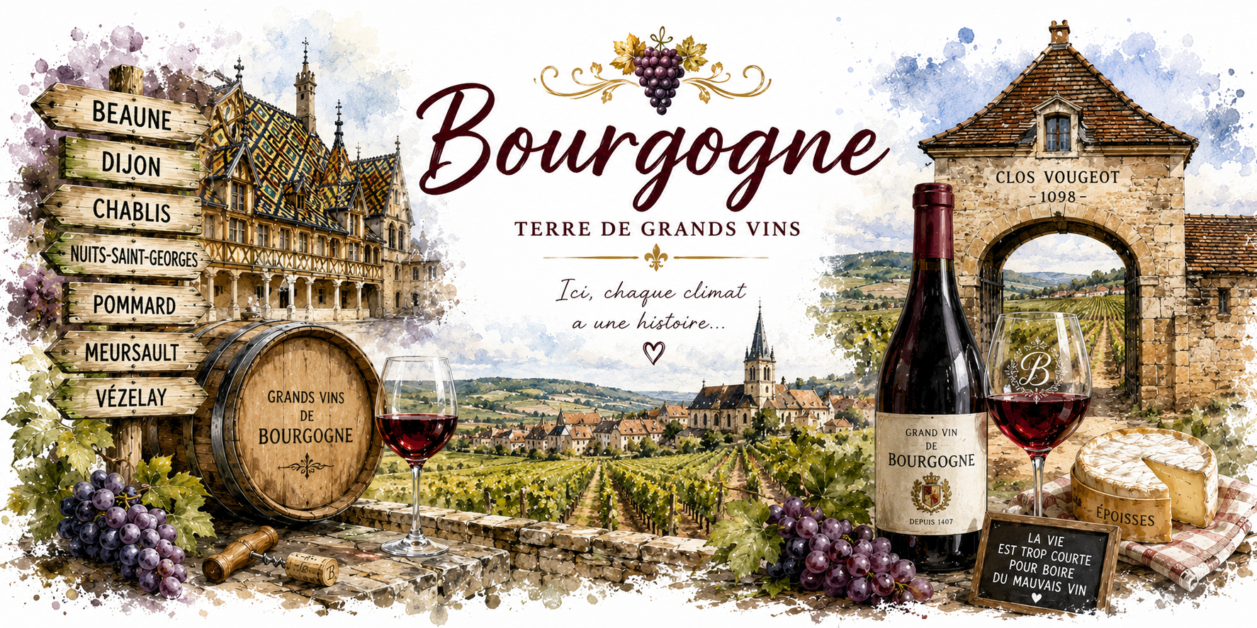 Design imprimé du mug Bourgogne, illustration aquarelle des Hospices de Beaune, du Clos Vougeot, des vignes et de l'époisses