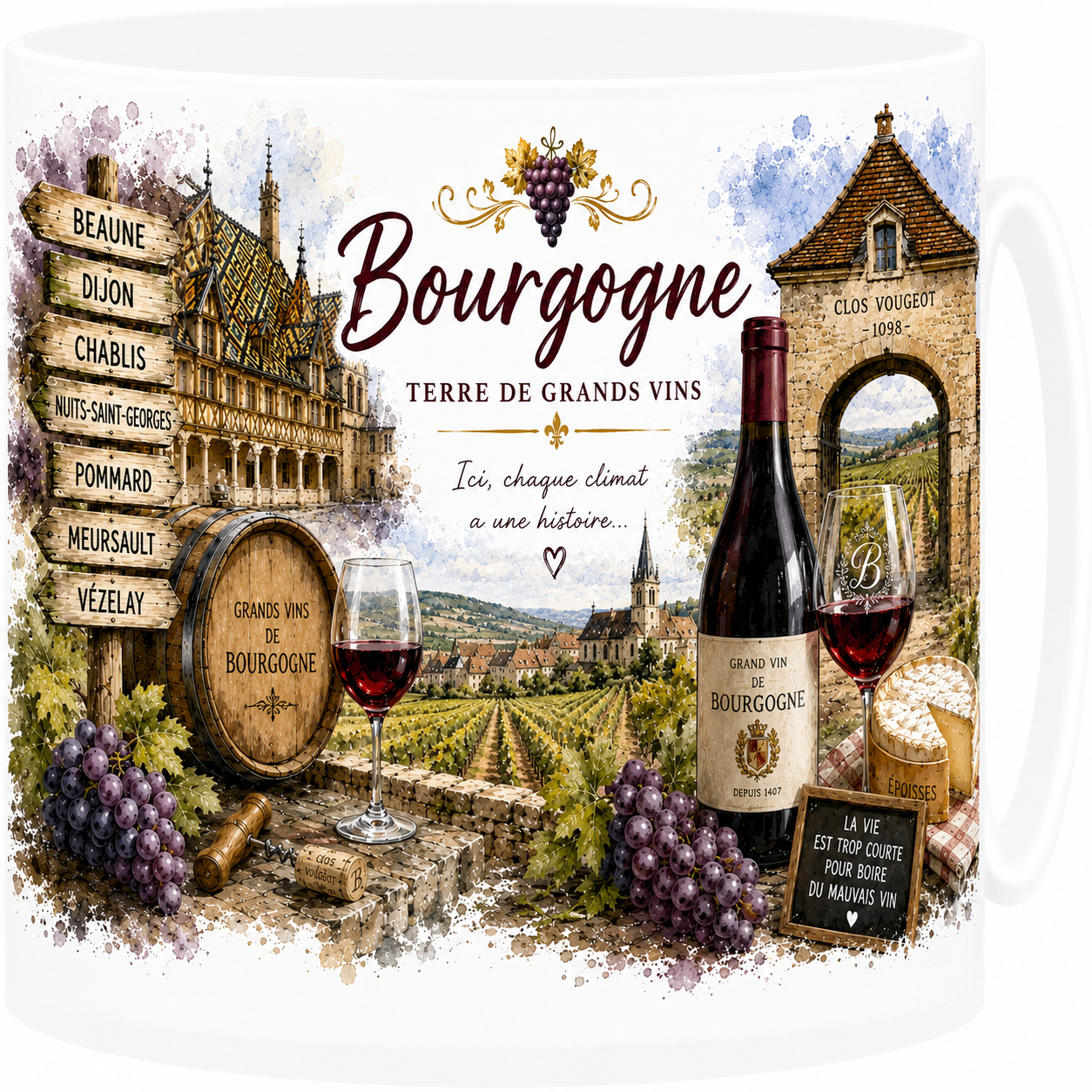 Mug céramique blanc, illustration aquarelle de la Bourgogne, Hospices de Beaune et vignes