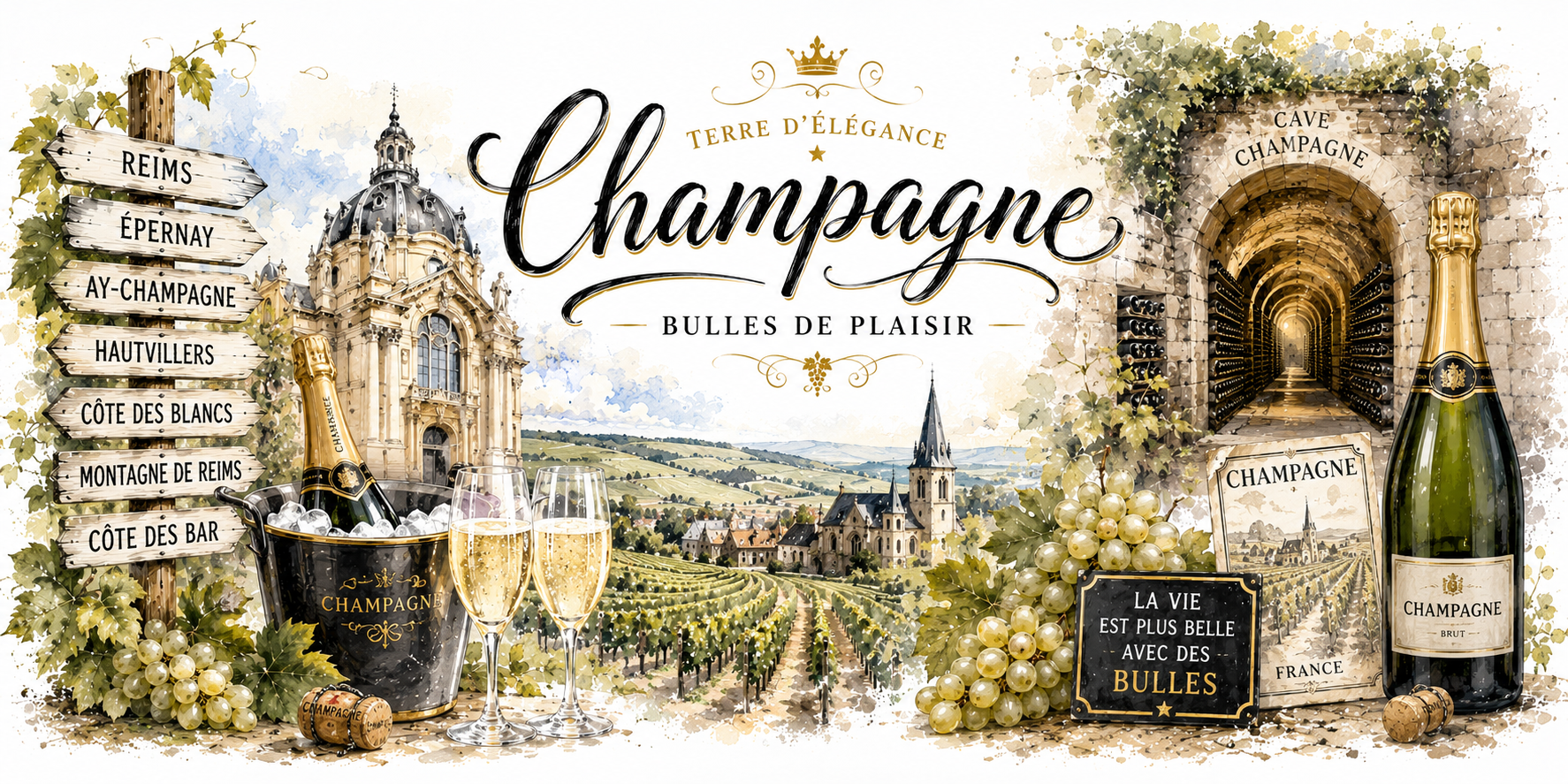 Design imprimé du mug Champagne, illustration aquarelle de Reims, des caves de craie, des coteaux et des bulles