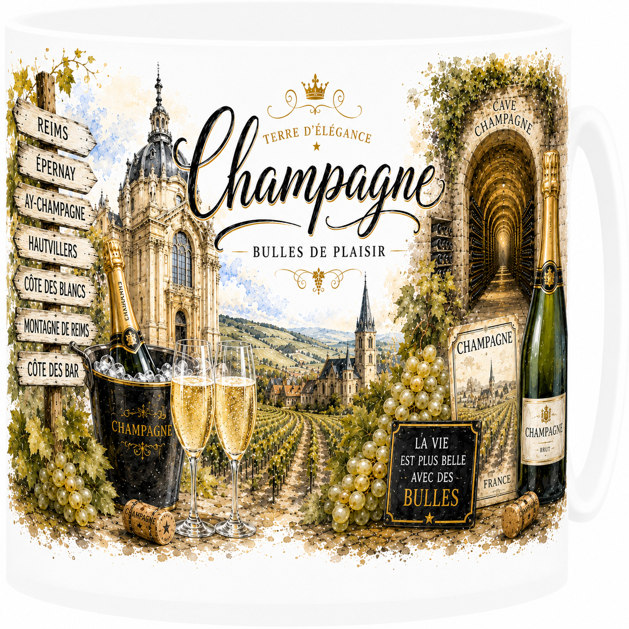 Mug céramique blanc, illustration aquarelle de la Champagne, coupes et vignoble