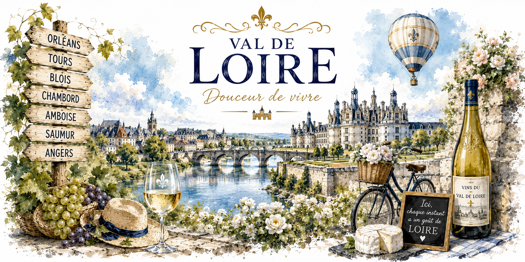 Design imprimé du mug Val de Loire, illustration aquarelle de Chambord, de la Loire, des vignes et de la montgolfière