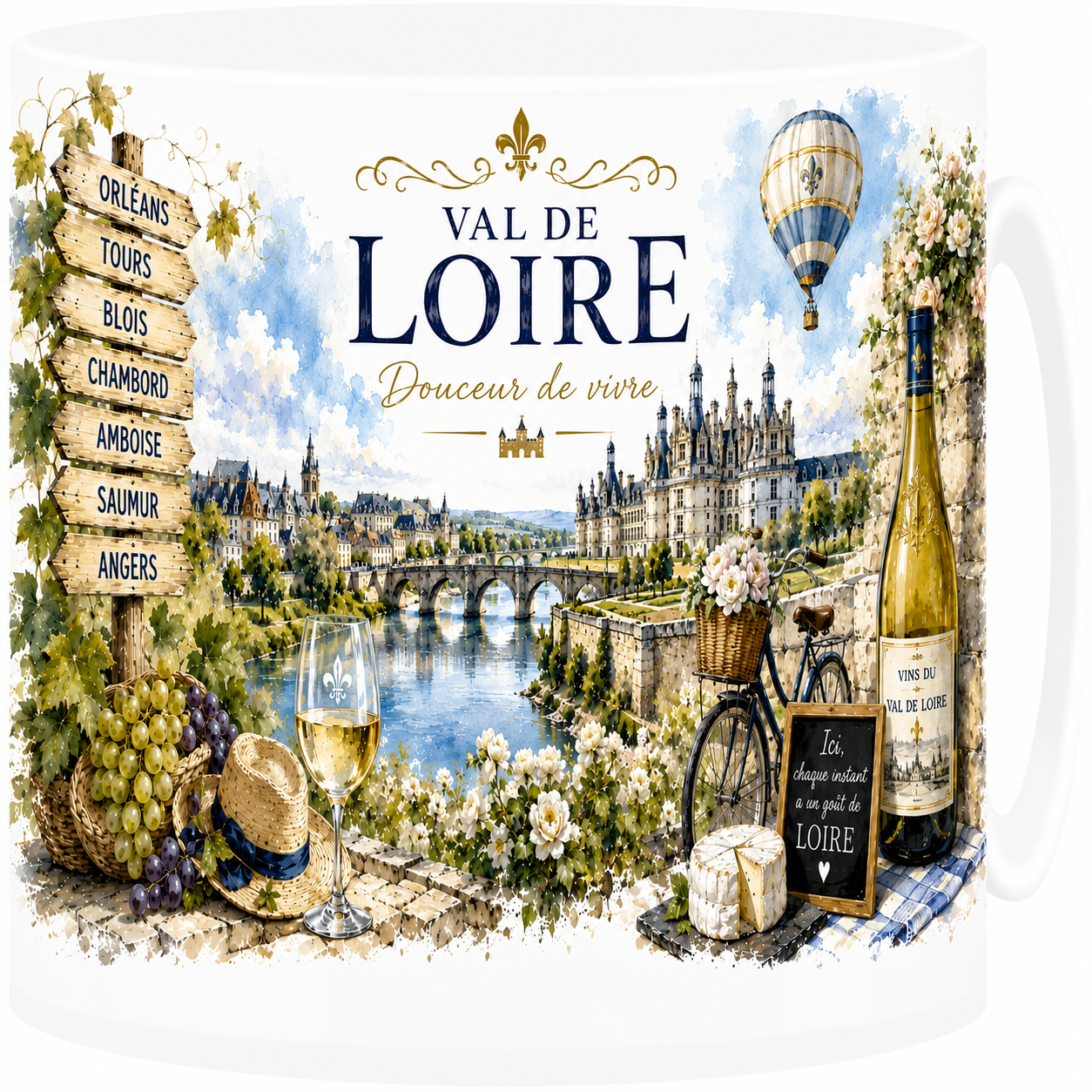 Mug céramique blanc, illustration aquarelle du Val de Loire, château de Chambord et Loire