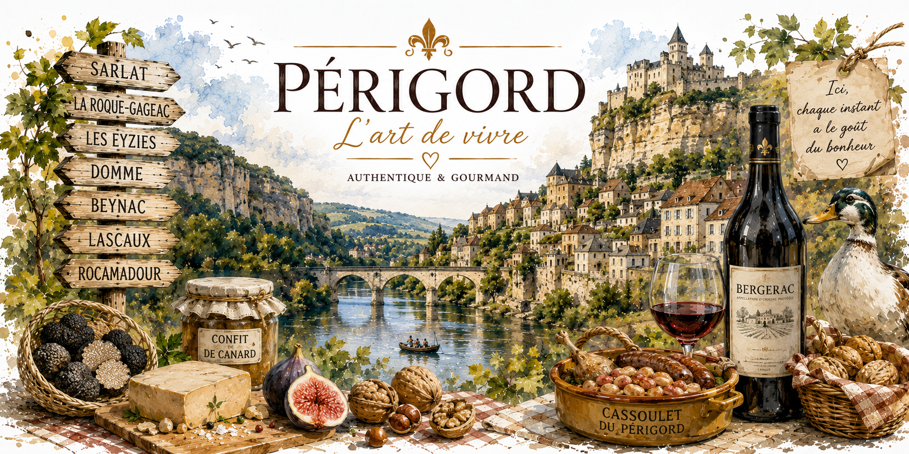 Design imprimé du mug Périgord, illustration aquarelle de Sarlat, de La Roque-Gageac, de la truffe, des noix et du confit de canard