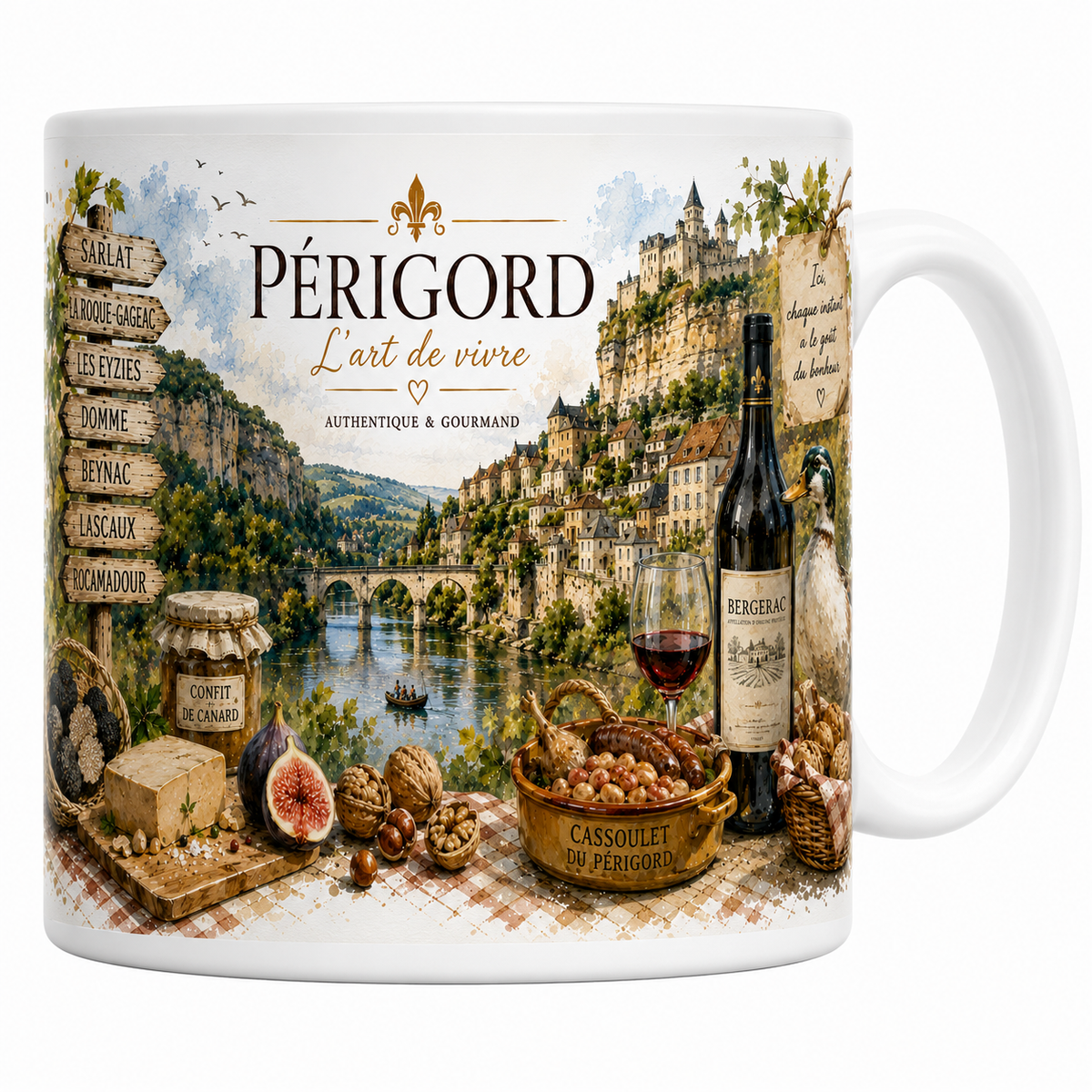 Mug céramique blanc, illustration aquarelle du Périgord, village perché et Dordogne