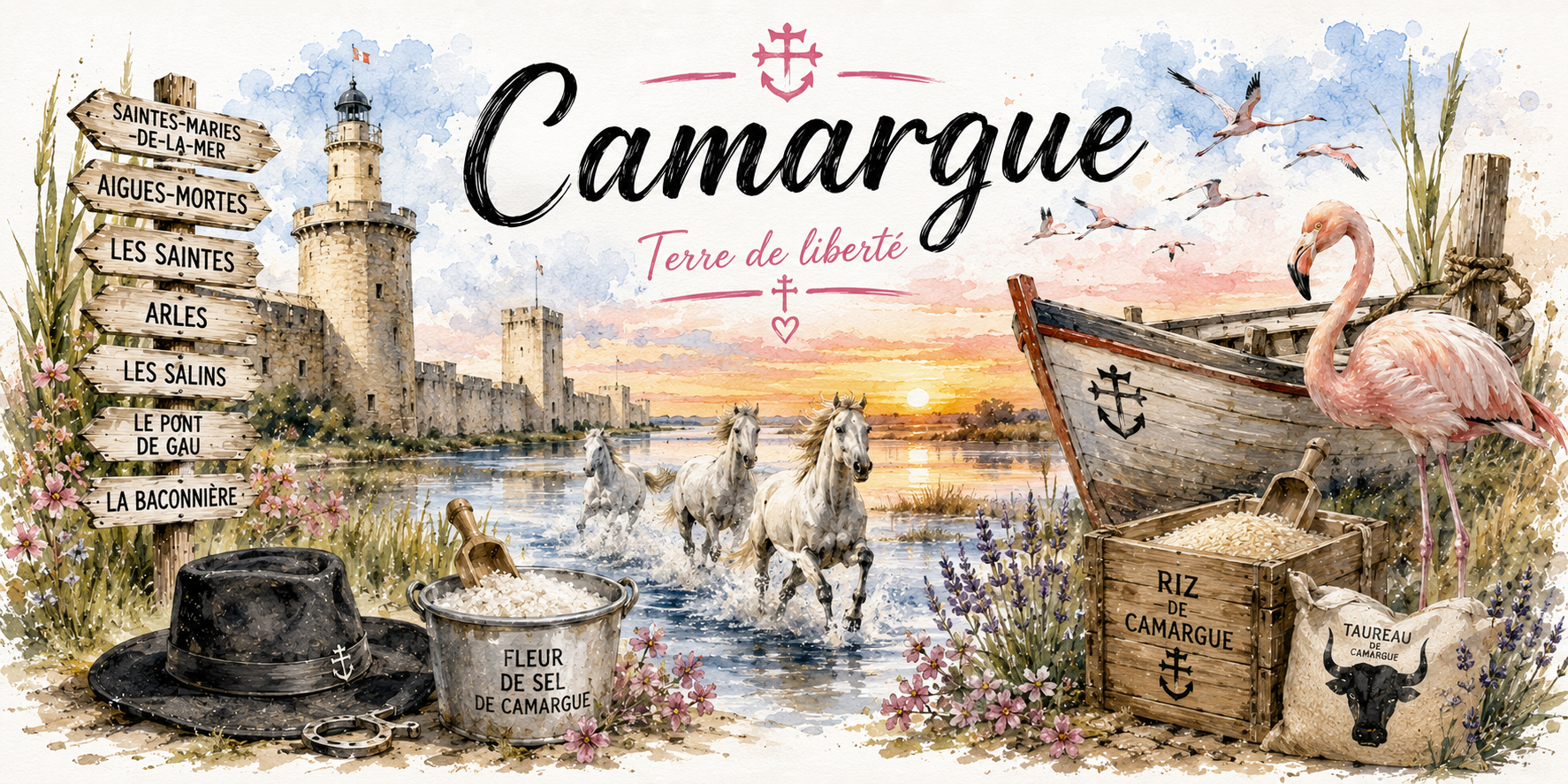 Design imprimé du mug Camargue, illustration aquarelle d'Aigues-Mortes, des chevaux blancs, du flamant rose et de la fleur de sel