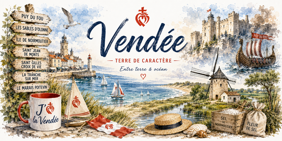 Design imprimé du mug Vendée, illustration aquarelle du Puy du Fou, des Sables-d'Olonne, du moulin et du sel de Noirmoutier