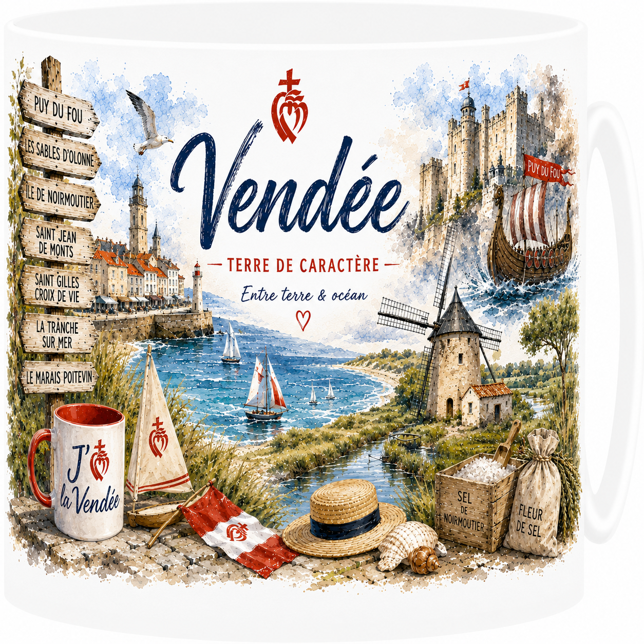 Mug céramique blanc, illustration aquarelle de la Vendée, océan et double cœur vendéen