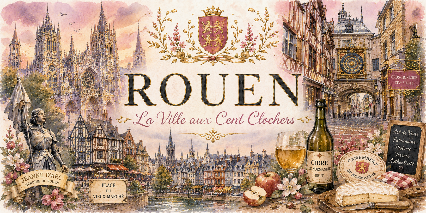 Design imprimé du mug Rouen, illustration aquarelle de la cathédrale, du Gros-Horloge, de Jeanne d'Arc, du cidre et du camembert