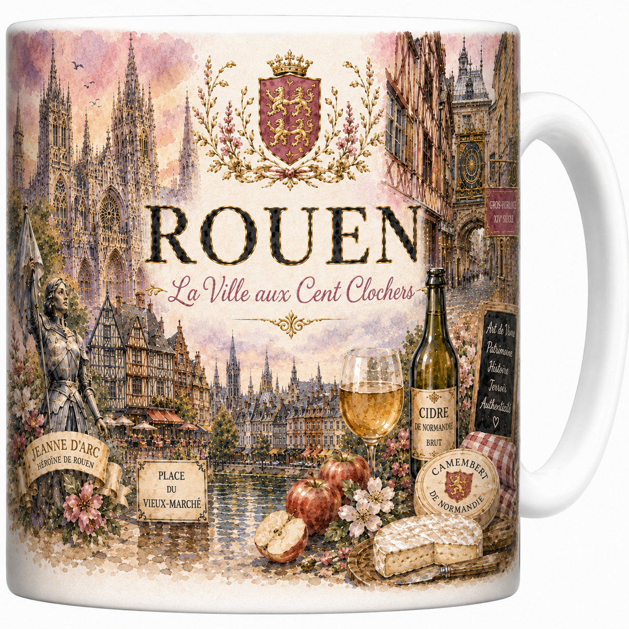 Mug céramique blanc, illustration aquarelle de Rouen, cathédrale et Gros-Horloge