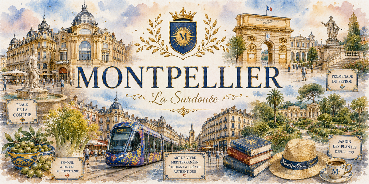 Design imprimé du mug Montpellier, illustration aquarelle de l'arc de triomphe, place de la Comédie et Méditerranée