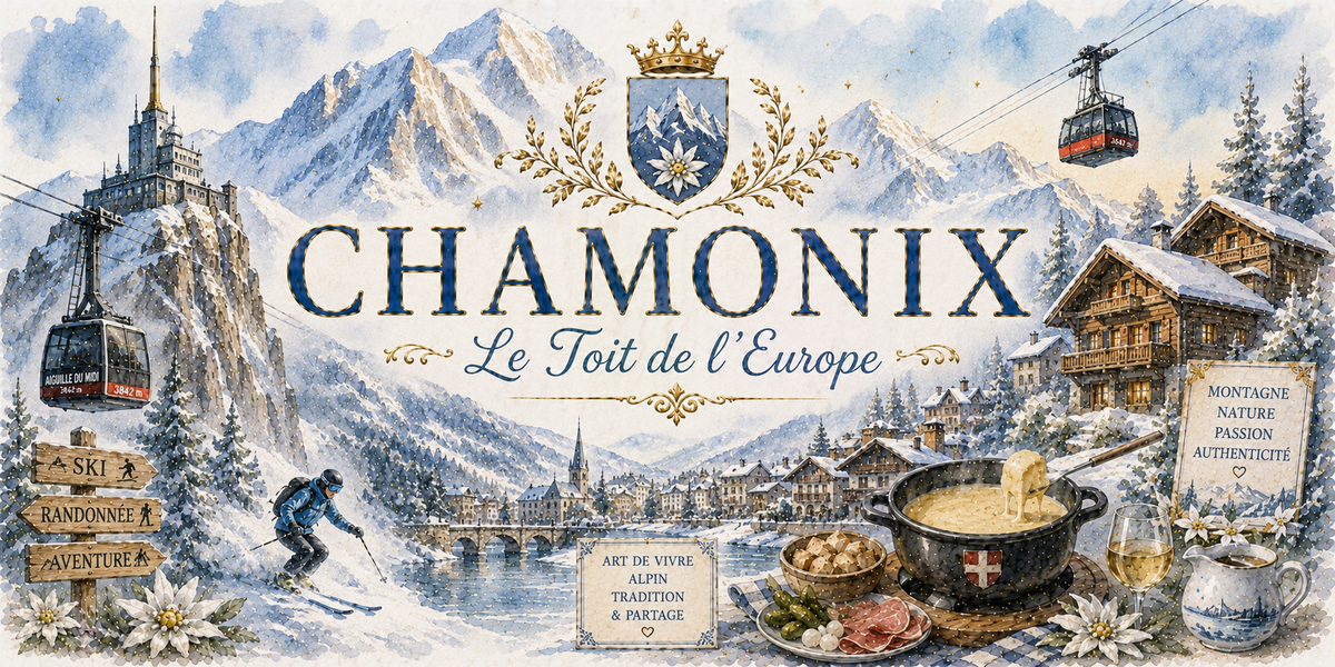 Design imprimé du mug Chamonix, illustration aquarelle du mont Blanc, de l'aiguille du Midi et des sommets alpins