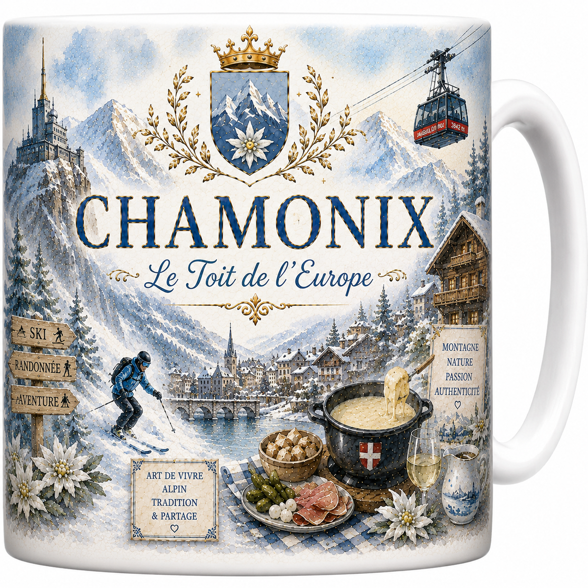 Mug céramique blanc, illustration aquarelle de Chamonix, mont Blanc et aiguille du Midi
