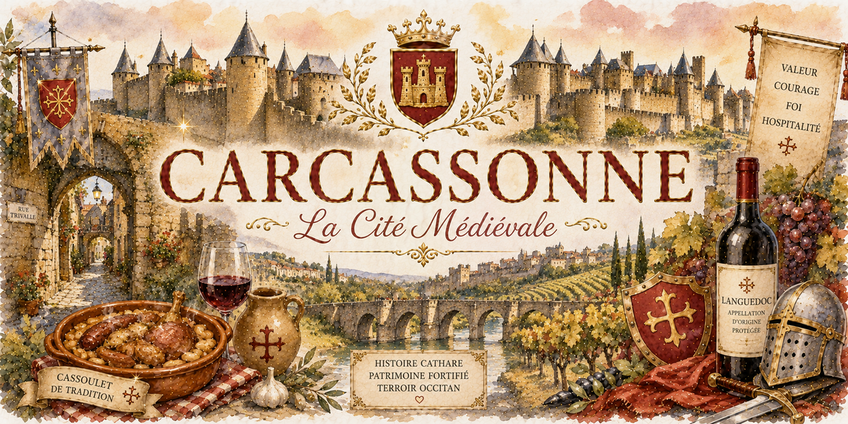 Design imprimé du mug Carcassonne, illustration aquarelle de la cité médiévale, des remparts et du cassoulet