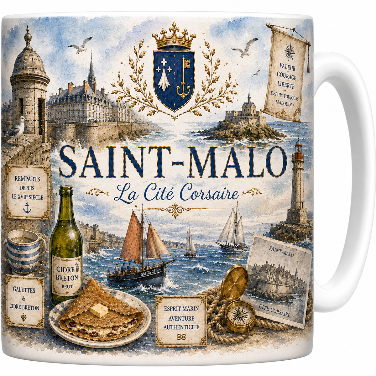 Mug céramique blanc, illustration aquarelle de Saint-Malo, remparts et cité corsaire