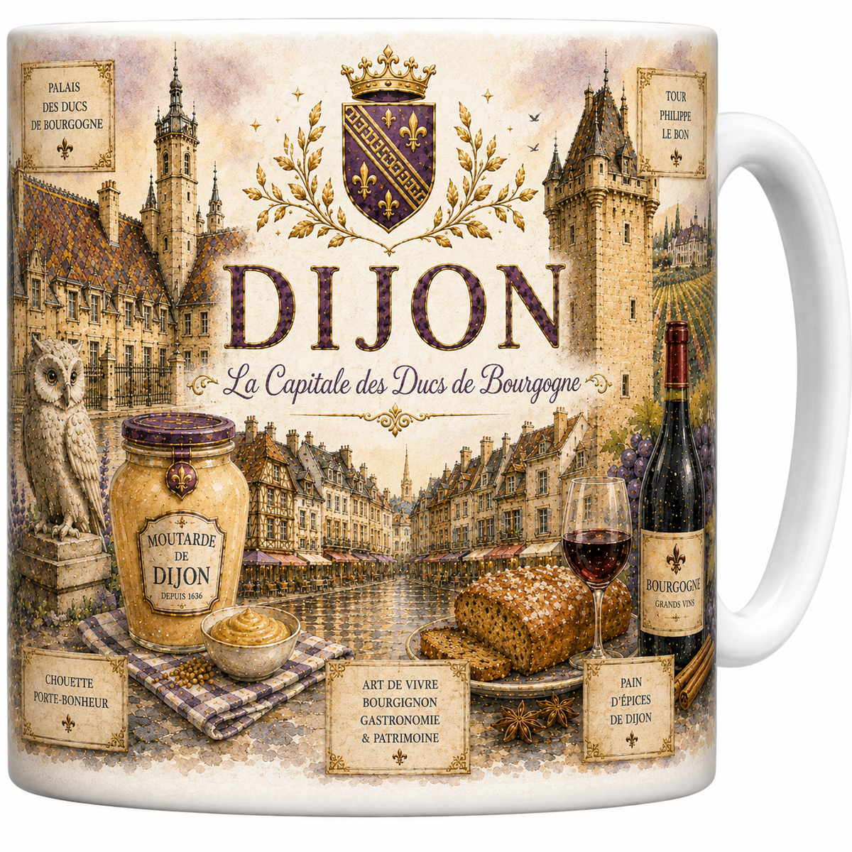Mug céramique blanc, illustration aquarelle de Dijon, palais des Ducs et moutarde