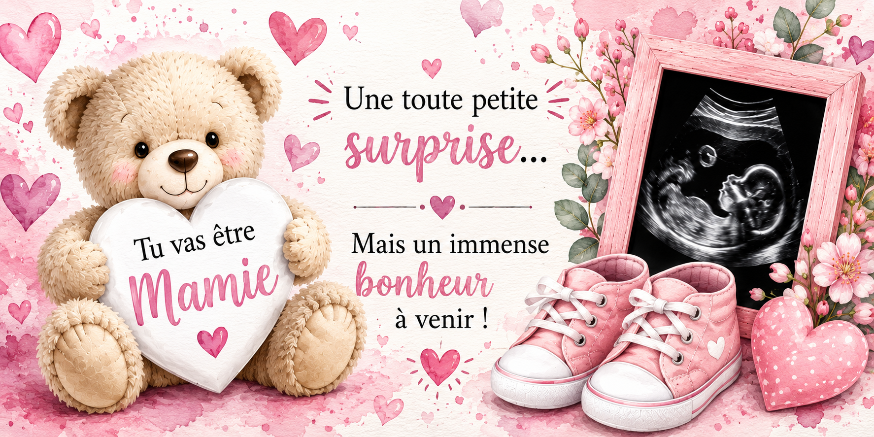 Design imprimé du mug annonce de grossesse Tu vas être Mamie, ourson au cœur, échographie encadrée et chaussons roses