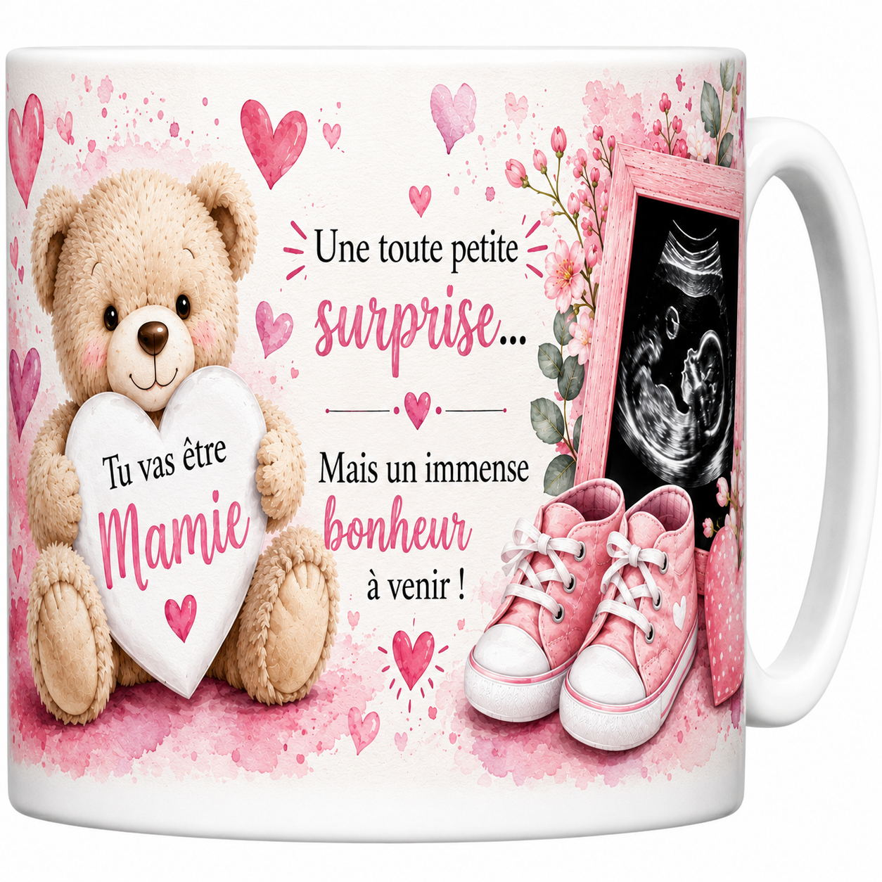 Mug céramique blanc annonce de grossesse Tu vas être Mamie, ourson et cœur rose