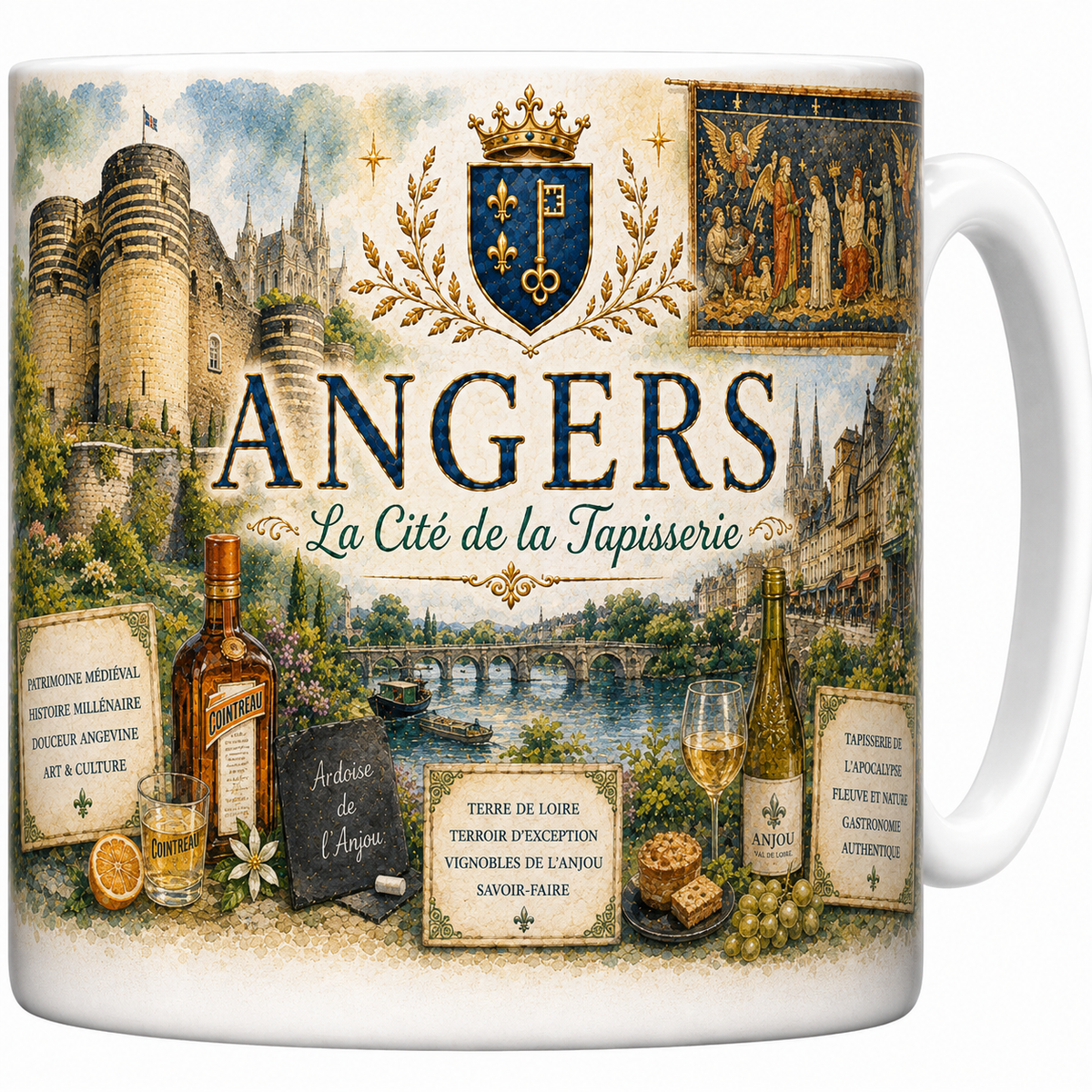 Mug céramique blanc, illustration aquarelle d'Angers, château aux tours rayées et Maine