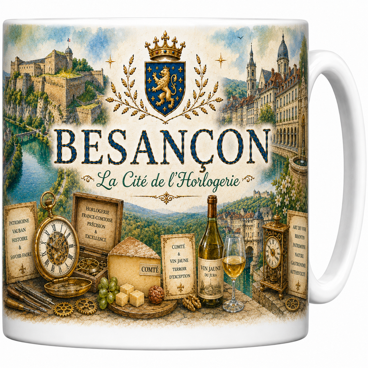 Mug céramique blanc, illustration aquarelle de Besançon, citadelle Vauban et boucle du Doubs