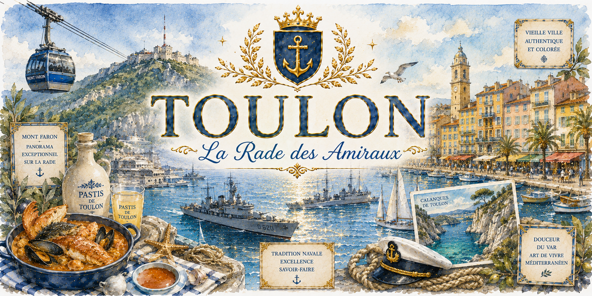 Design imprimé du mug Toulon, illustration aquarelle de la rade, du téléphérique du Faron et de la Marine nationale