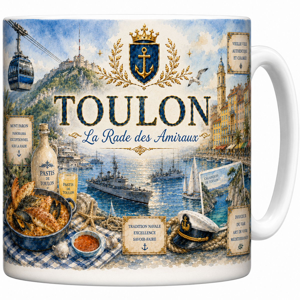 Mug céramique blanc, illustration aquarelle de Toulon, rade et Mont Faron