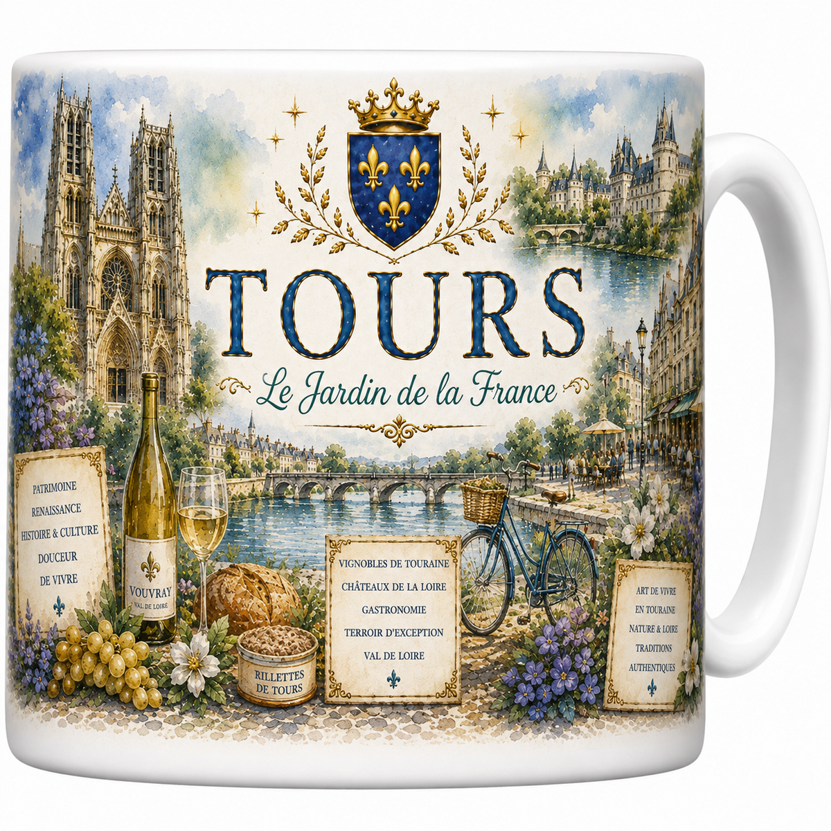 Mug céramique blanc, illustration aquarelle de Tours, cathédrale Saint-Gatien et bords de Loire