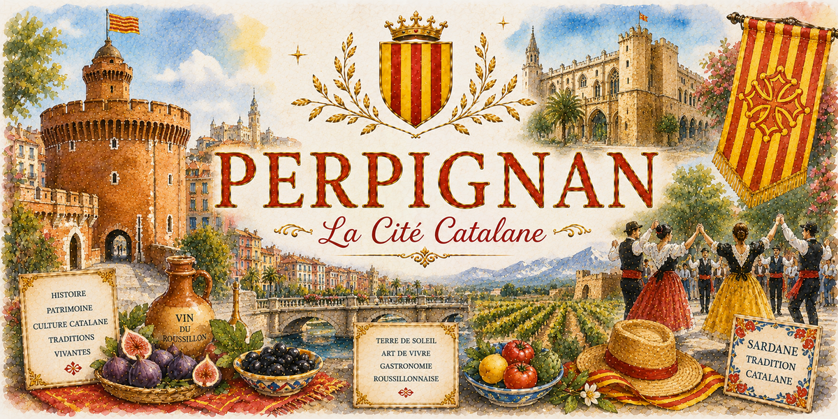 Design imprimé du mug Perpignan, illustration aquarelle du Castillet, de la sardane et des vins du Roussillon