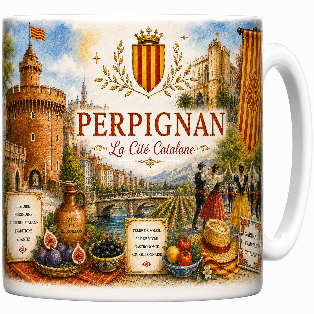 Mug céramique blanc, illustration aquarelle de Perpignan, Castillet et couleurs catalanes