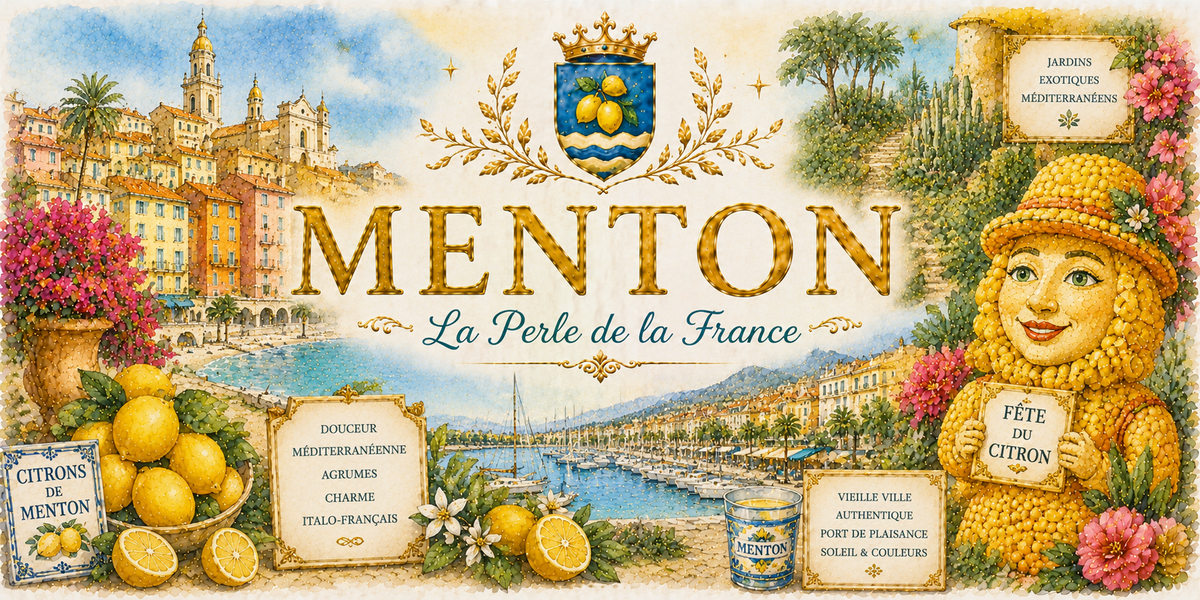Design imprimé du mug Menton, illustration aquarelle des citrons de Menton, de la vieille ville et des jardins exotiques