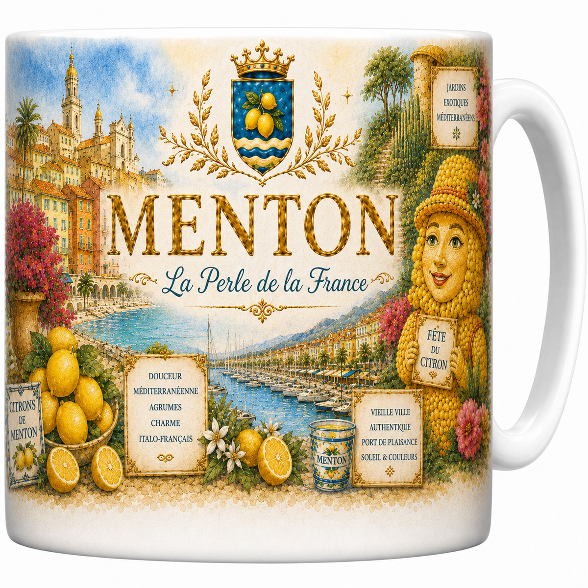 Mug céramique blanc, illustration aquarelle de Menton, vieille ville colorée et citrons
