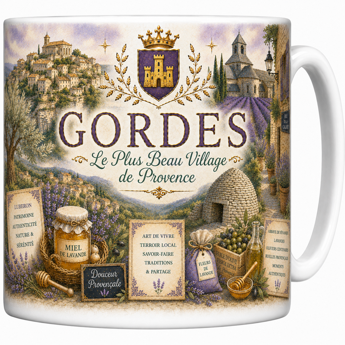 Mug céramique blanc, illustration aquarelle de Gordes, village perché et champs de lavande