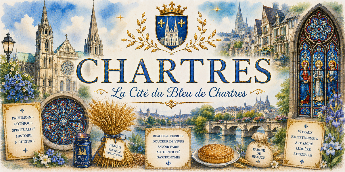 Design imprimé du mug Chartres, illustration aquarelle de la cathédrale, des vitraux bleus et des blés de la Beauce